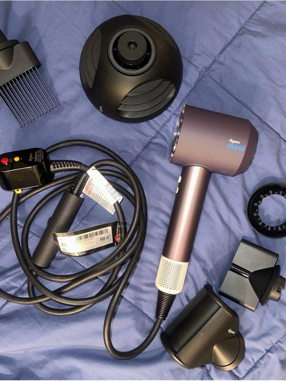 Dyson hair dryer and magnetic attachments - purple and black